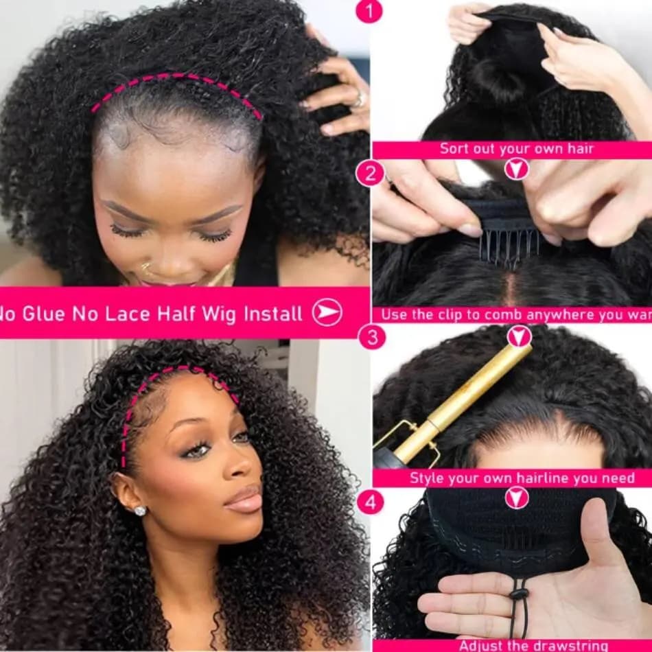 Perruque mi-tête 3-en-1 à ondulations bouclées en cheveux humains, densité 200, avec cordon de serra
