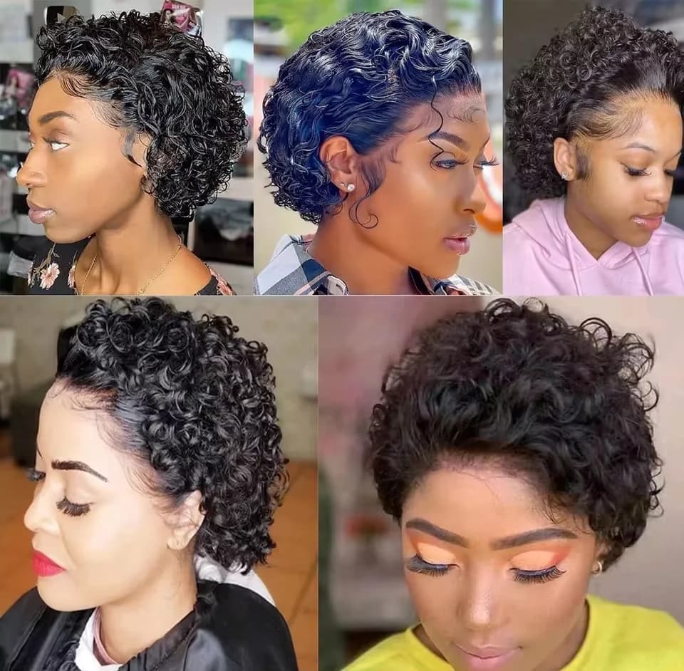 Perruques coupe lutin cheveux humains courts bouclés avant de lacet perruques de cheveux humains bré