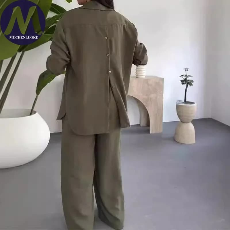 Ensemble 2 pièces d'été pour femme : Chemise à revers à manches longues et pantalon décontracté à ja