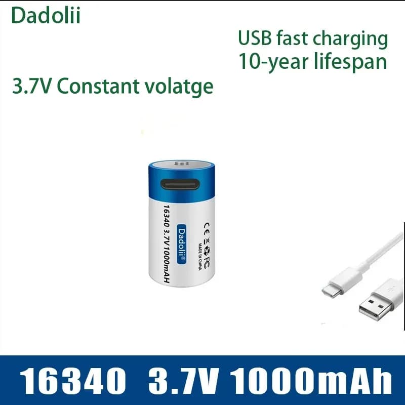 Batterie au lithium Cr123A 3,7 V 1000 mAh, grande capacité, charge rapide USB-C, batterie rechargeab