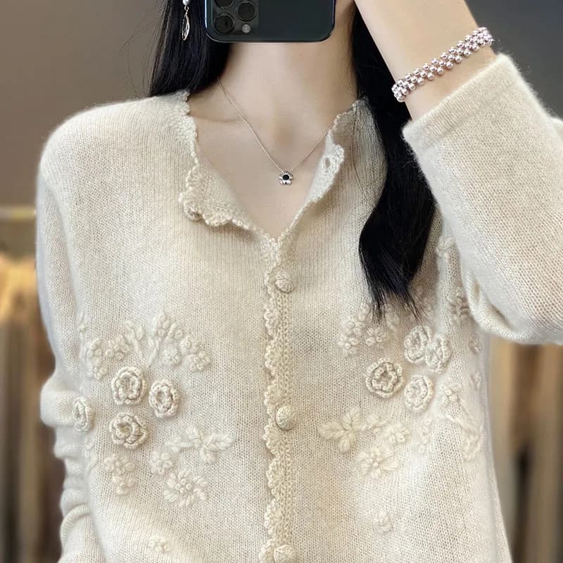 Pull en Cachemire Pur pour Femme, Cardigan à Col Rond en Dentelle, Broderie Décontractée, Veste Douc