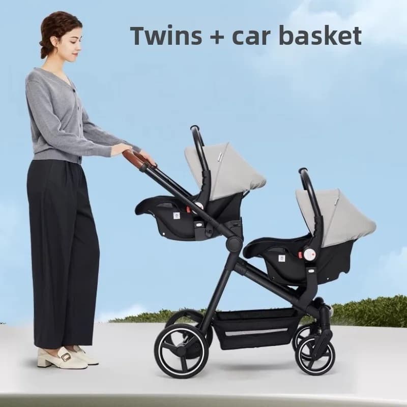 Poussette double légère avec deux nacelles et deux sièges, poussette double portable, poussette plia