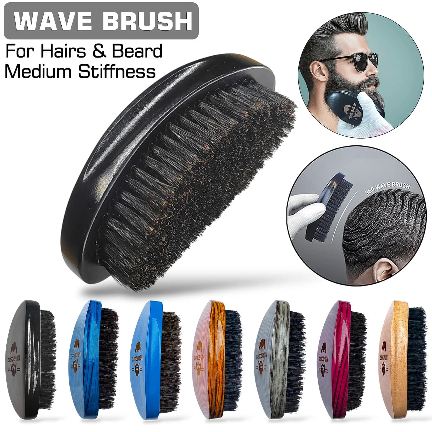Brosse à vagues 360° Gracemen pour hommes afro, manche en bois courbé, poils de sanglier et de nylon