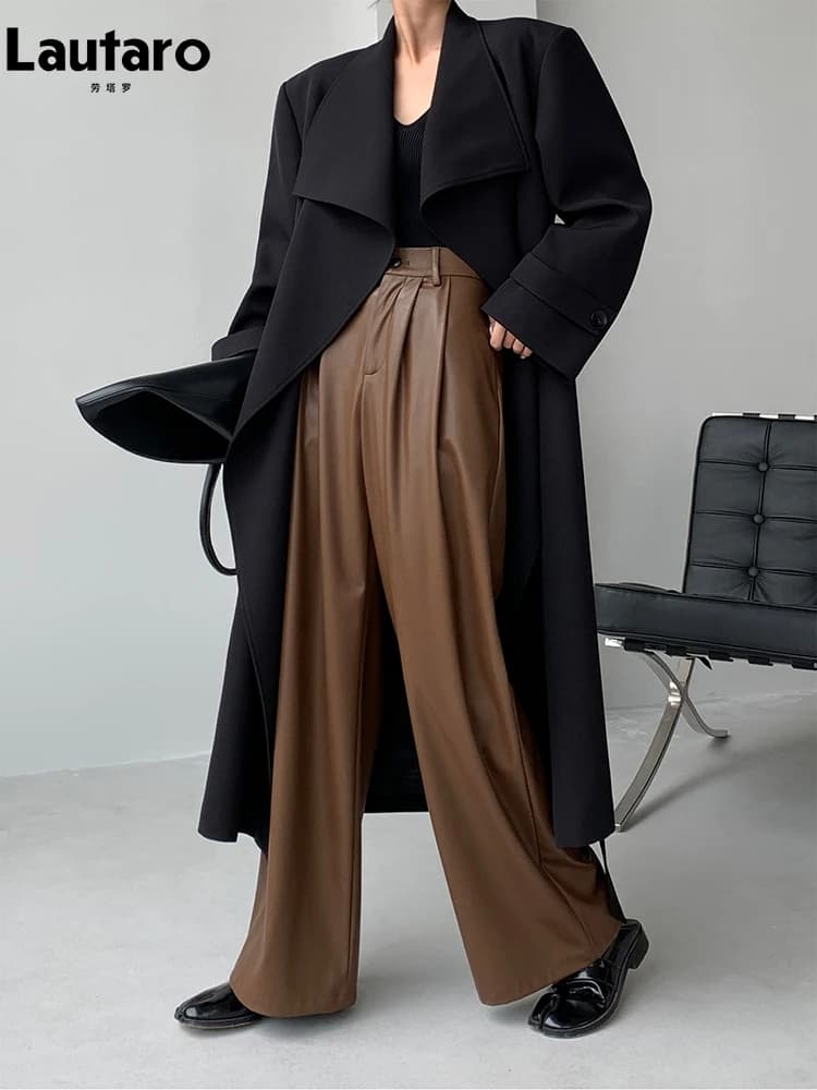 Lautaro-Pantalon à jambes larges en cuir PU pour femme, décontracté, fluide, doux, noir, marron, tai