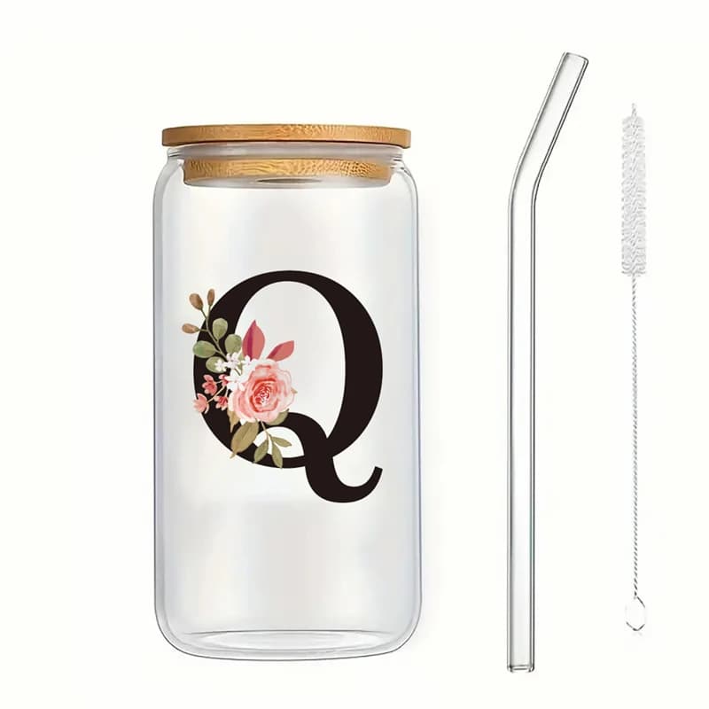 Alphabet fleurs verre à boire lettre A-Z café glacé eau jus bouteille Portable clair tasse avec couv