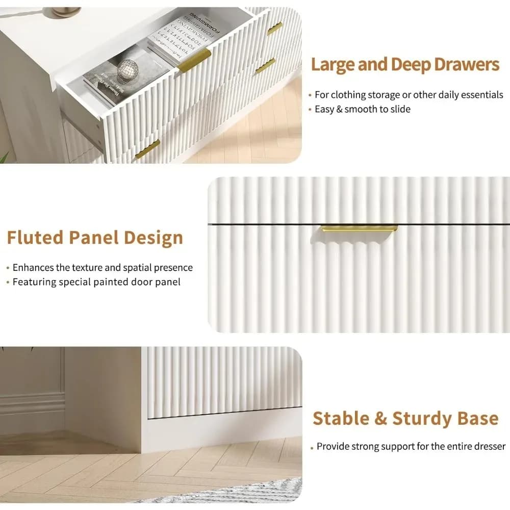 Commode cannelée pour chambre à coucher avec 8 tiroirs, commode double blanche de 55 pouces de large