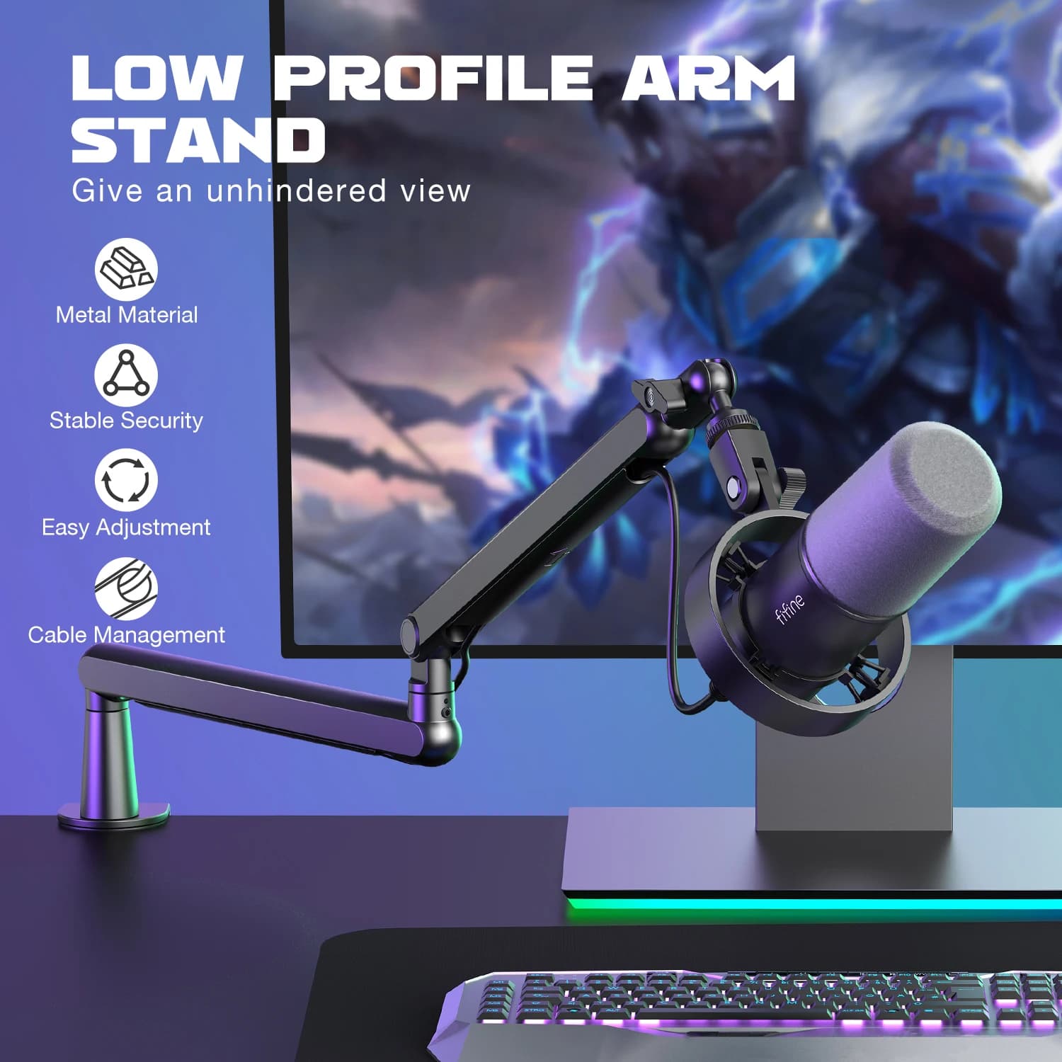 FIFINE-Microphone HONArm Ampligame, Bras de micro à profil bas réglable avec pince de montage de bur