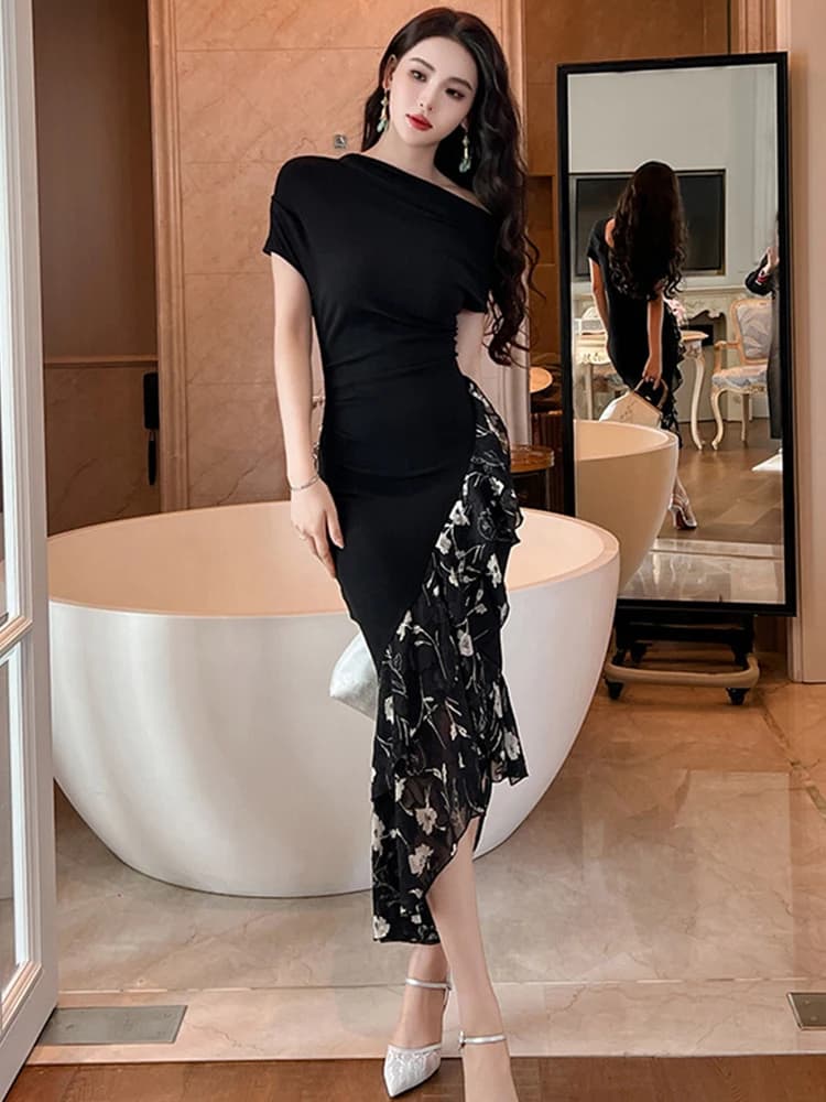 Robe de soirée élégante d'été pour femme, noire, chic, sexy, épaules dénudées, moulante, longue, pou