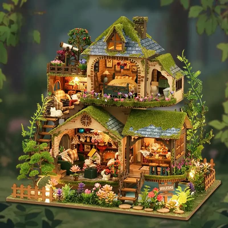 Kit de maison miniature DIY Aventure en forêt, modèle de maisonnette avec maison de poupée et biblio
