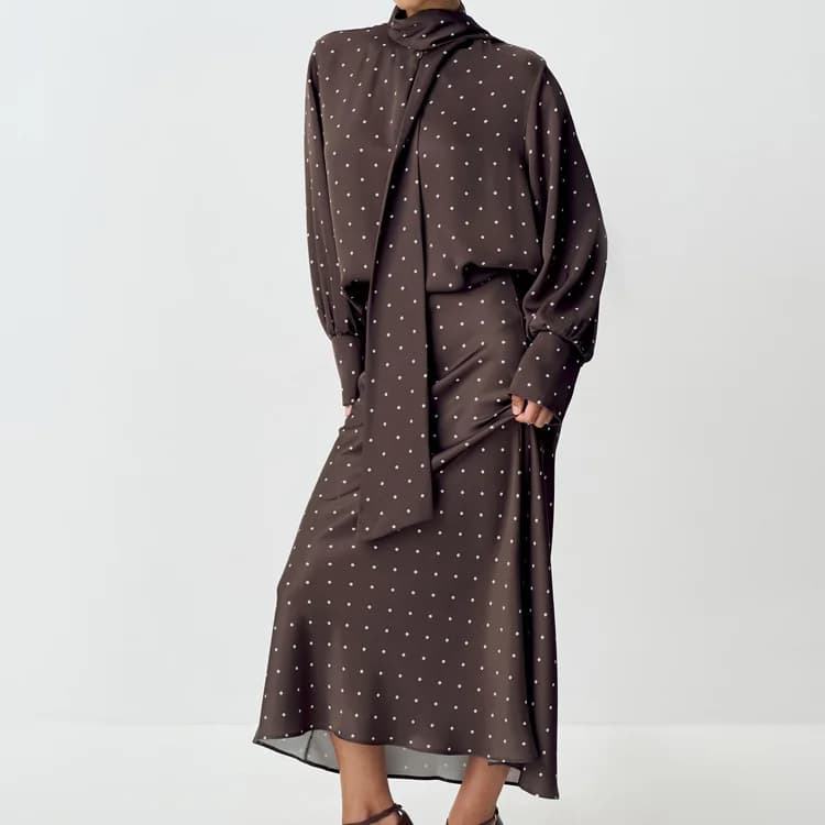 Ensemble jupe deux pièces en Satin imprimé à pois, chemise à manches longues à lacets + jupe mi-long