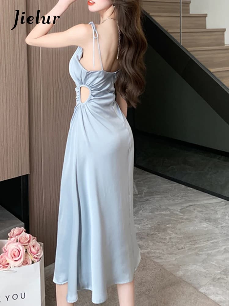 Jielur-Robe plissée à bretelles pour femmes, tenue élégante coréenne, sexy, dos nu, ligne A, nouvell