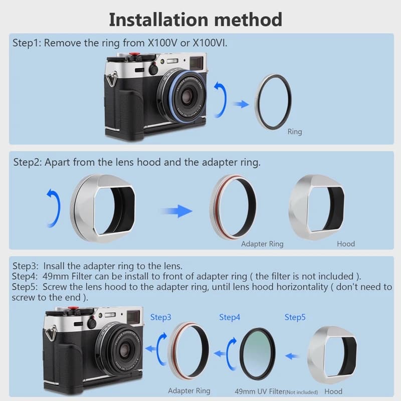 Haoge – pare-soleil carré en métal pour appareil photo Fujifilm Fuji X100VI X100V, argent avec annea