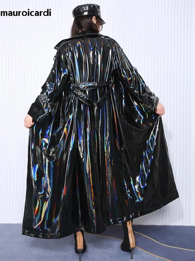 Mauroicardi printemps doux mince fluide brillant réfléchissant holographique noir PVC Faux cuir Tren