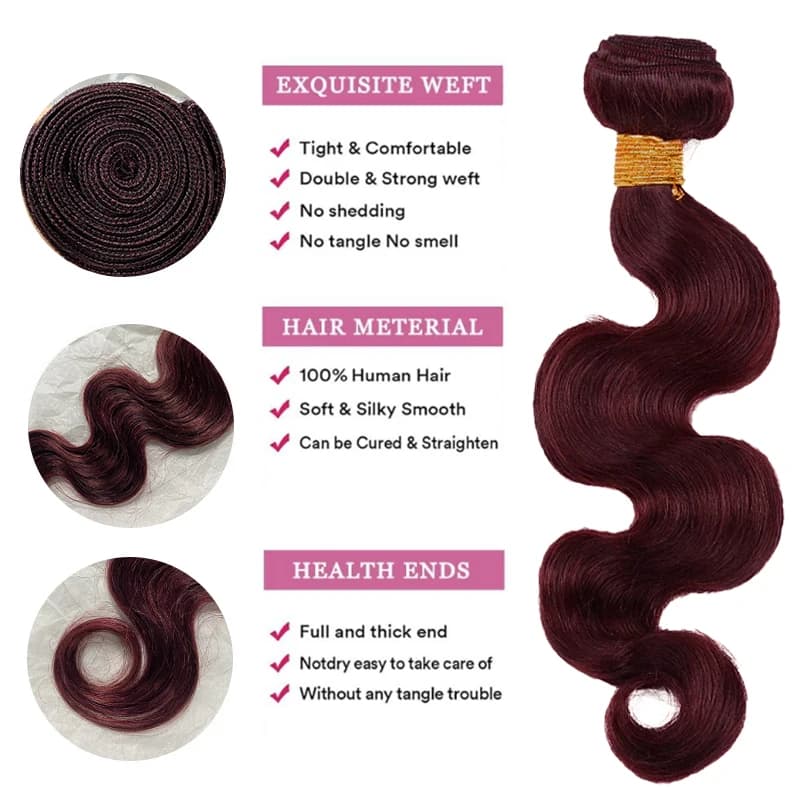 Extensions de cheveux humains 100% naturels, ondulés, couleur bordeaux 99j, 1/3/4 paquets, tissage b