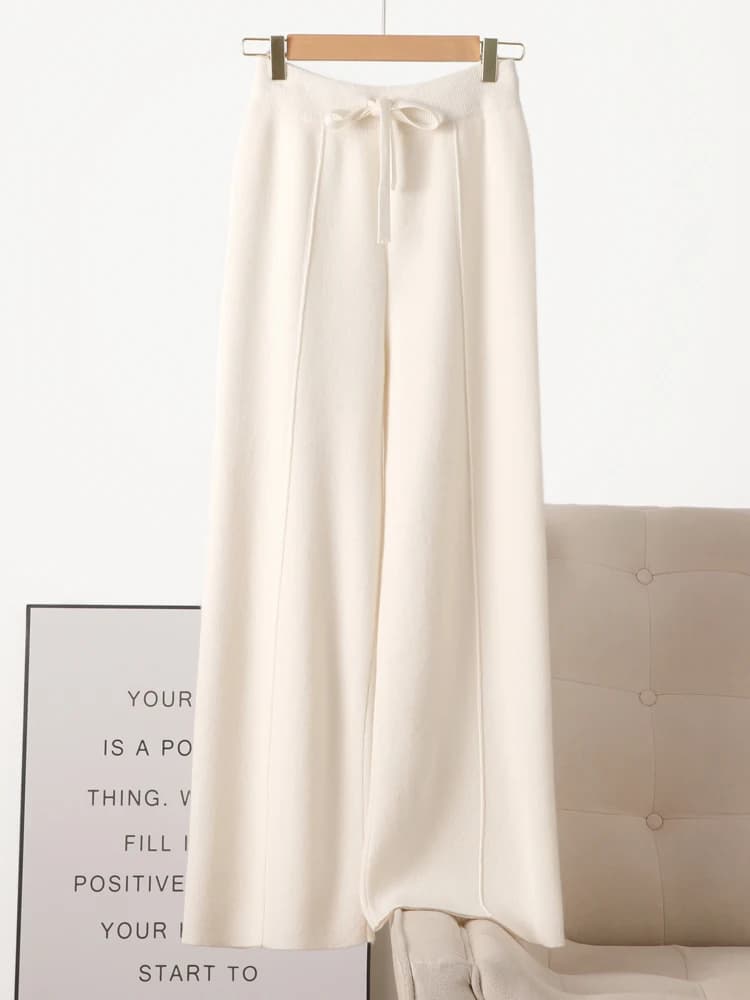 Pantalon tricoté en laine mérinos pour femme, jambes larges, basique, doux et chaud, en cachemire, d