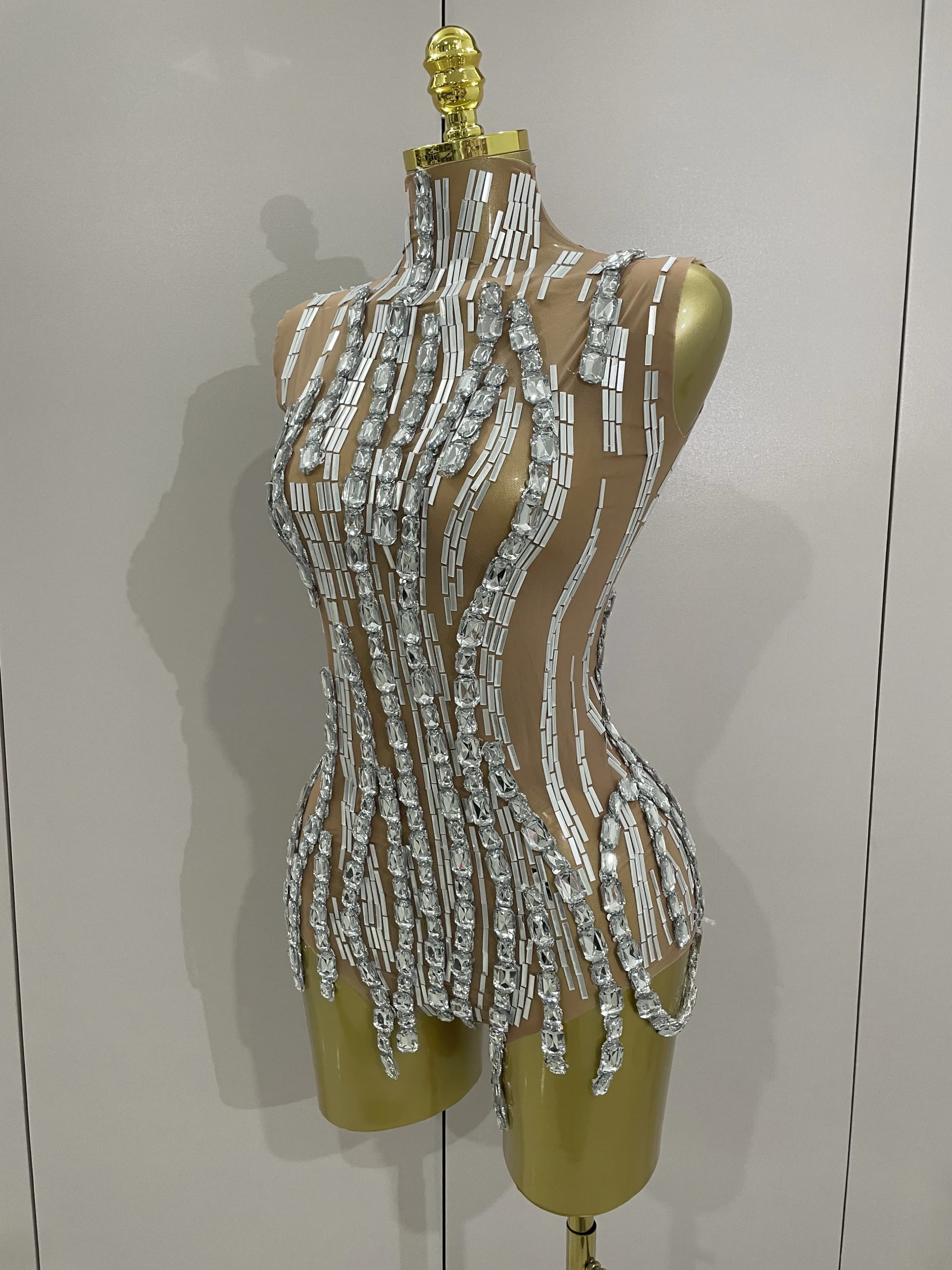 Chaîne de strass scintillante, body Transparent sans manches, Sexy, pour femmes, fête, discothèque, 