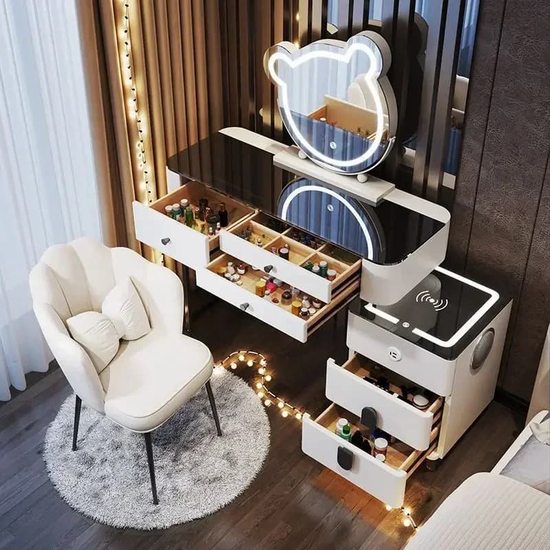 Coiffeuse moderne avec chargement sans fil intelligent, Table de maquillage multifonctionnelle de lu