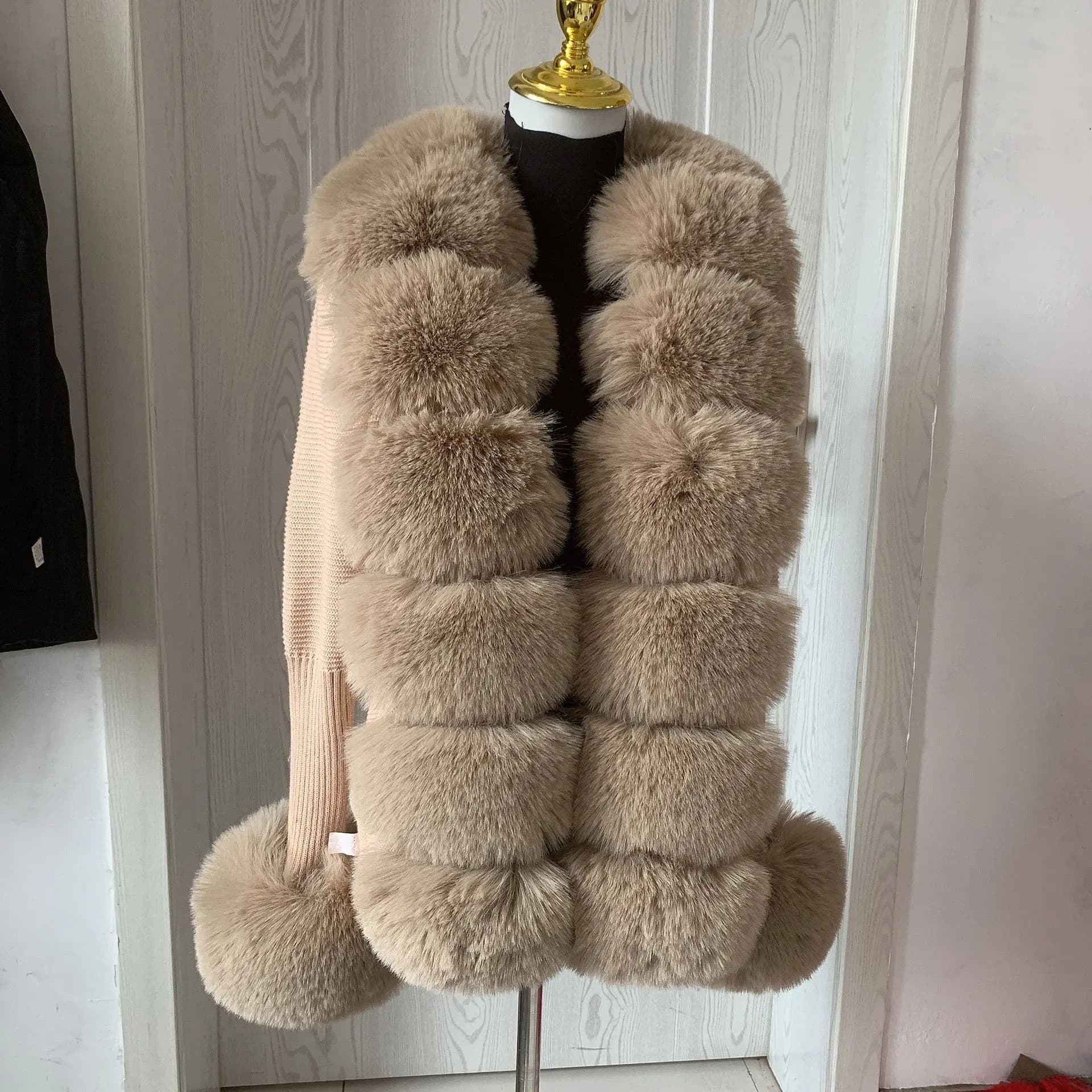 Cardigan court en tricot pour femme, collection printemps-automne, en fausse fourrure, avec col en f