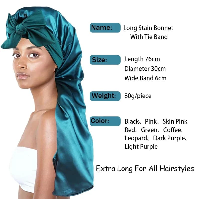 Bonnet de nuit Long en Satin pour femmes noires, couleur unie, Extra Large, avec cravate longue, Bon