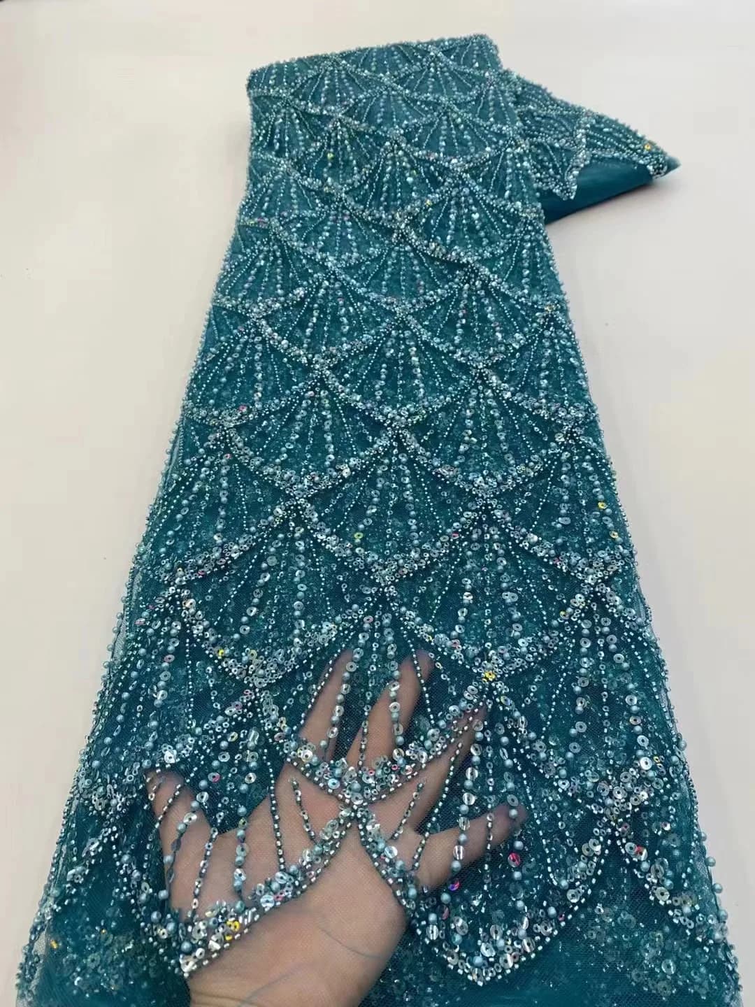 Tissu africain en dentelle à paillettes et perles, 1 Yards, broderie pour marié, mariée nigériane, T