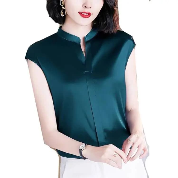 Chemise en satin grande taille pour femmes, col en V, couleur unie, élégante, tenue de bureau, été