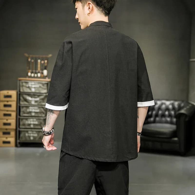 Chemise d'été de Style japonais pour hommes, col montant chinois, Yukata, Kimono samouraï, T-shirt b