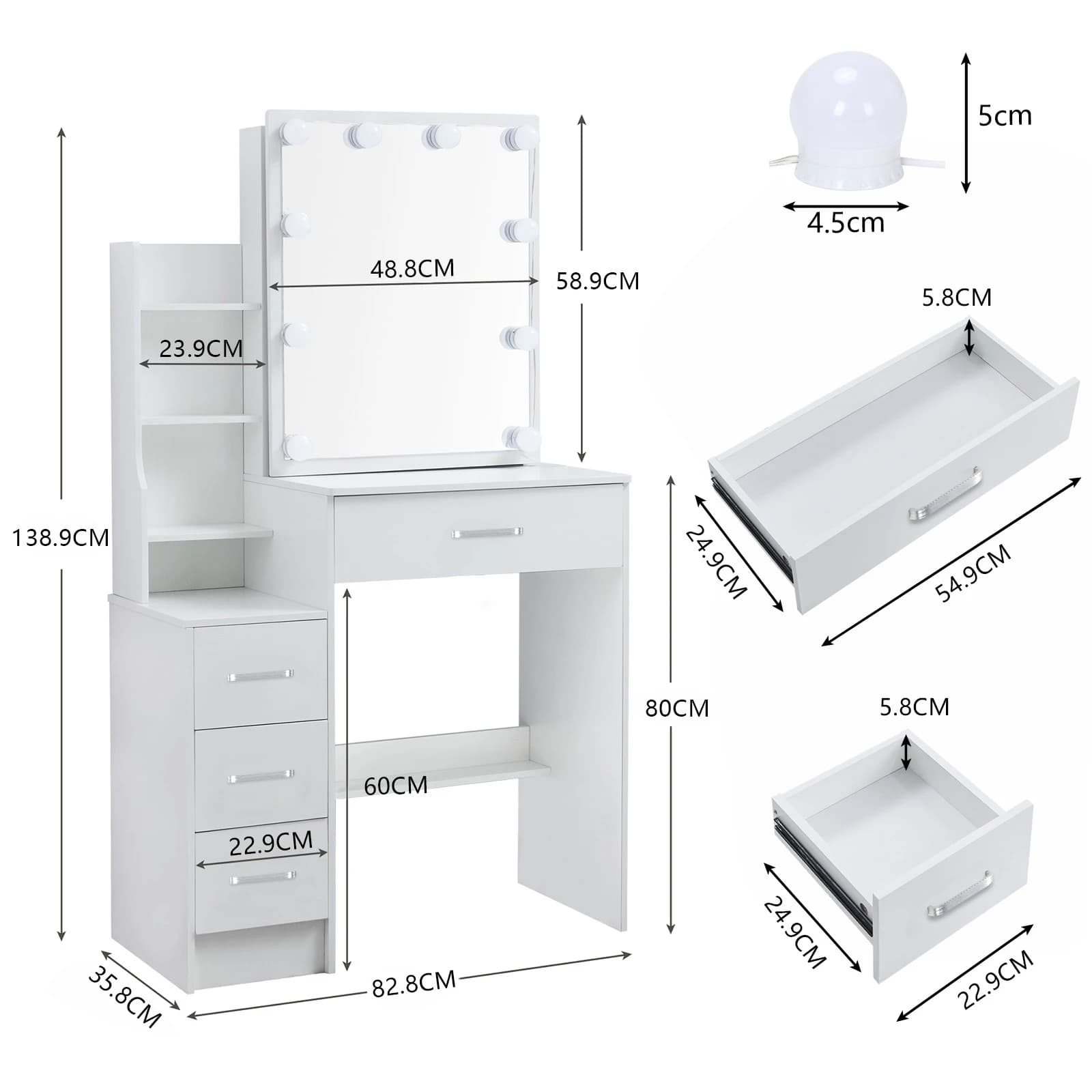 Table de coiffeuse LED avec miroir coulissant, bureau de maquillage blanc, tabouret à 4 tiroirs, coi