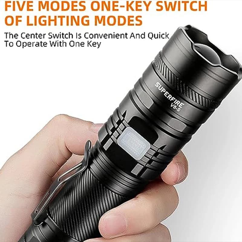 Lampe torche LED étanche haute puissance SUPERFIRE 36W avec pile 26650, indicateur puissant, USB-C, 