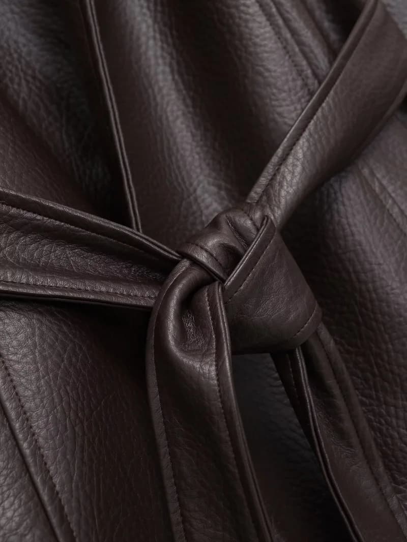 Veste Courte Ceinturée en Similicuir PU Vintage pour Femme ETJ, Col Montant, Collection Printemps 20