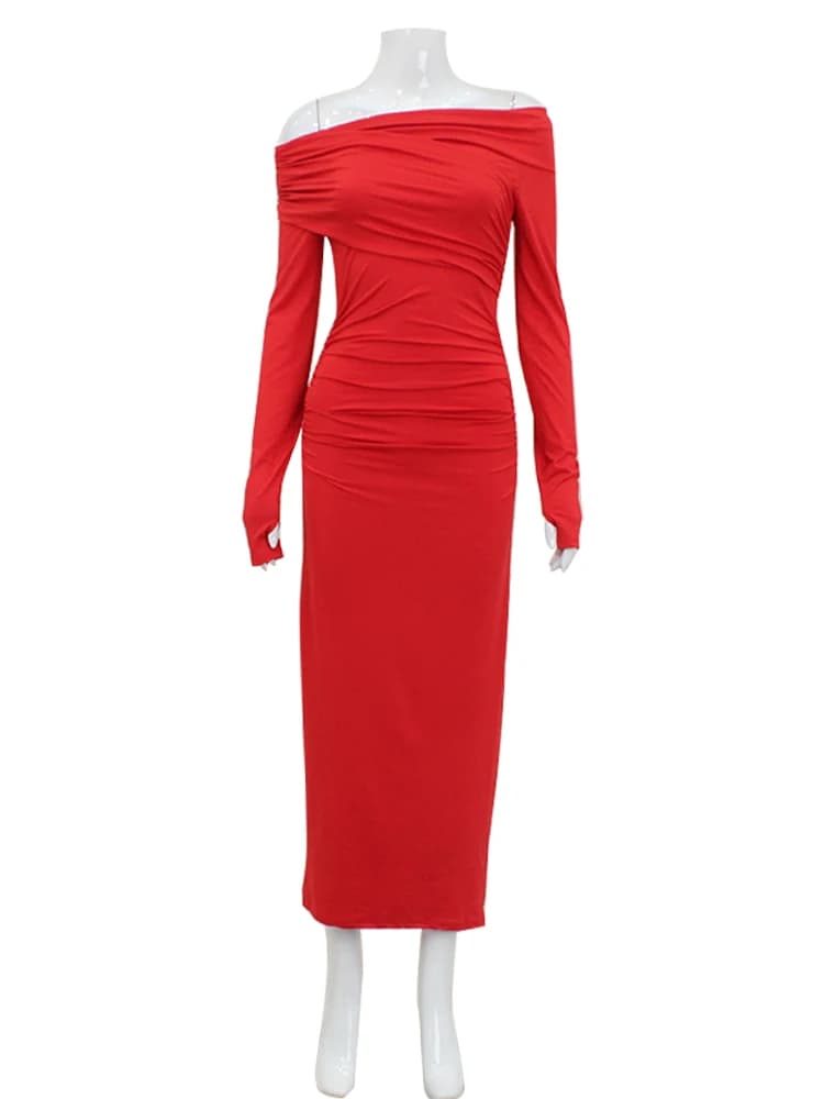 Ahagaga élégant mode Sexy Maxi Robes Streetwear épaules nues décontracté à manches longues mince mou
