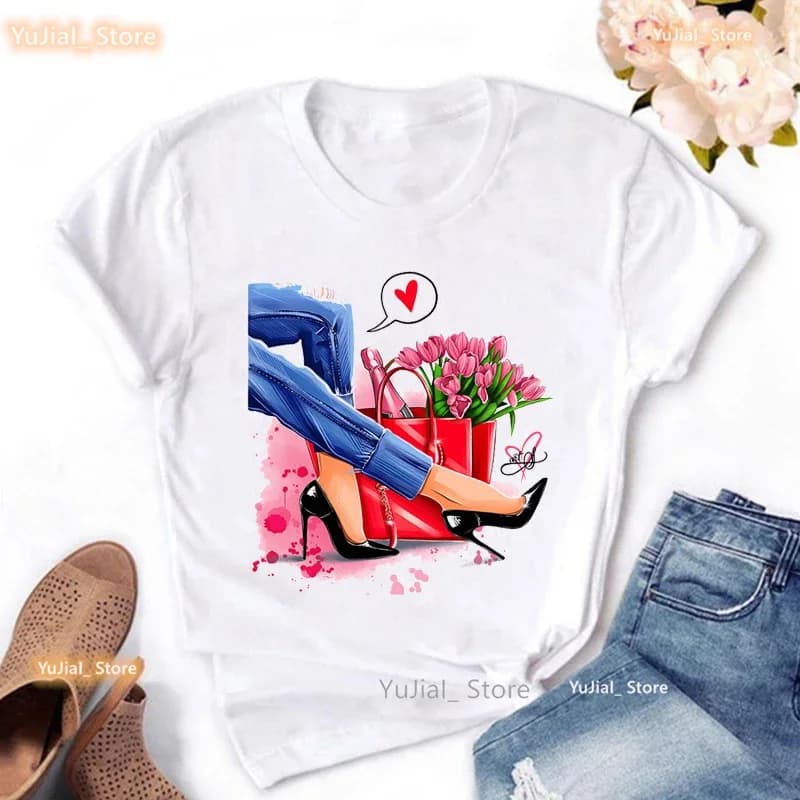 T-shirt imprimé fleurs pour femmes, Love High Shoes, T-shirt femme Harajuku, Shipping Is My Cardio, 
