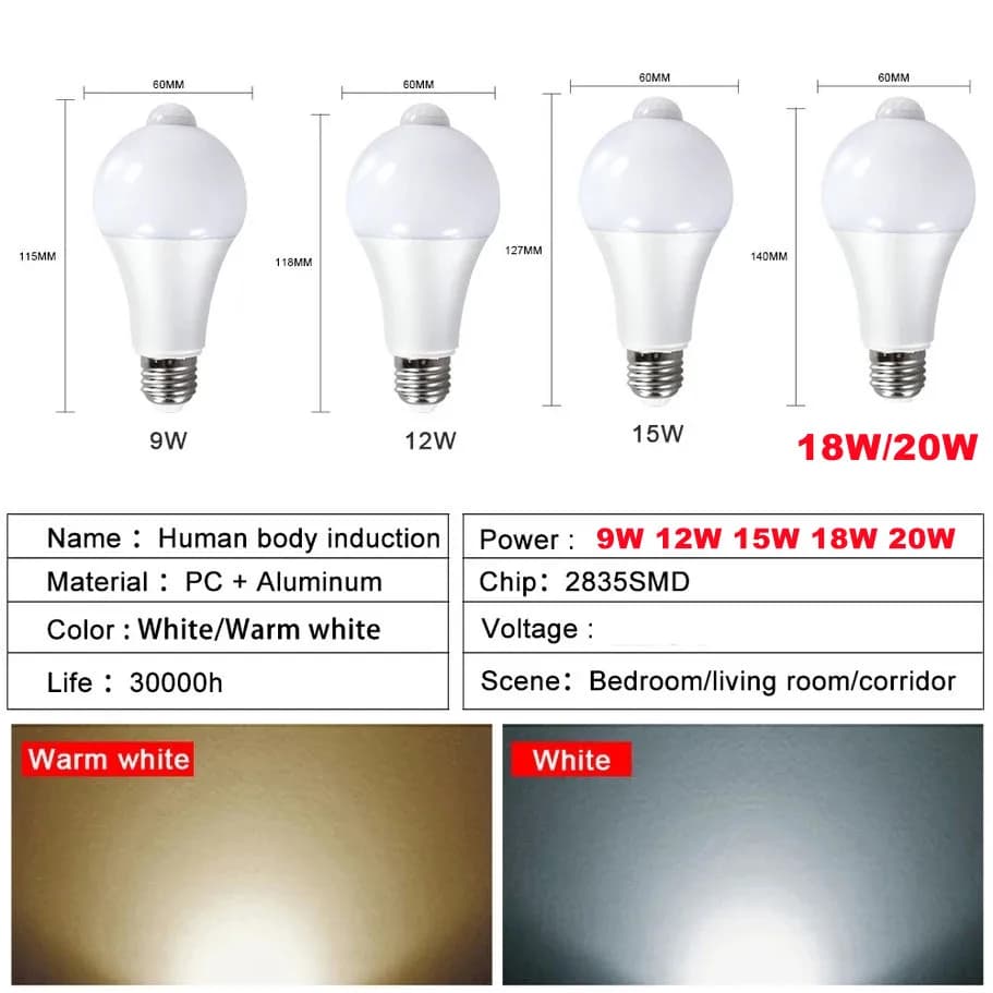 Ampoule LED avec capteur de mouvement E27, 9W 12W 18W 20W, lampe avec capteur PIR, marche/arrêt auto