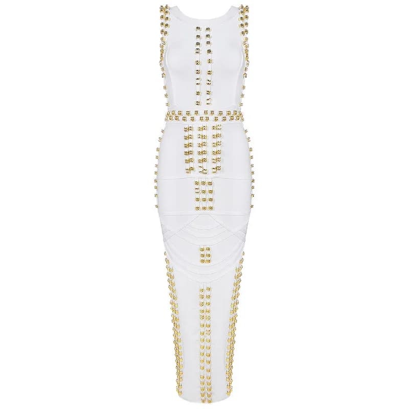 Style classique femmes sans manches col rond Sexy moulante pansement longue robe célébrité mode tapi