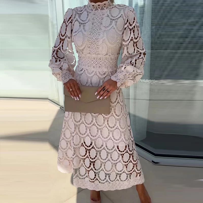 Robe Longue Brodée en Dentelle pour Femme, Élégante, Demi-Col Roulé, Ajourée, Manches Lanternes, Ten