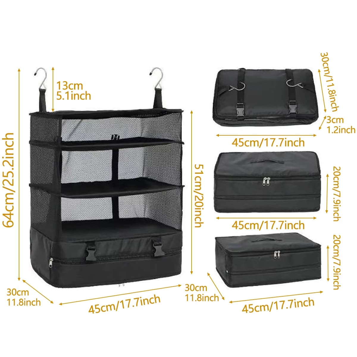 Organisateur de bagages de voyage, étagères de voyage portables, sac de valise à 3 étagères, Cube d'