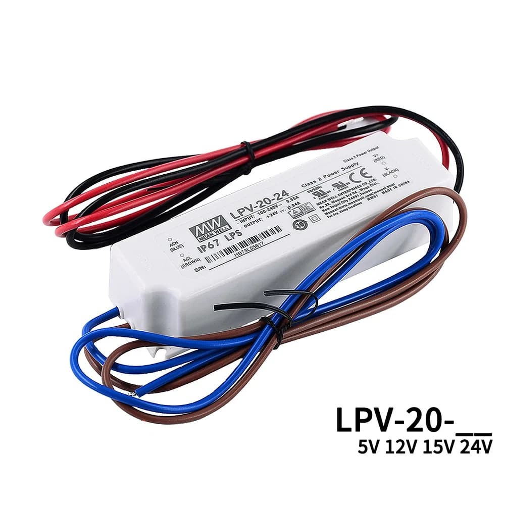 Alimentation LED Mean Well LPV-20 à protection intégrale IP67, étanche, tension constante 5V/12V/15V
