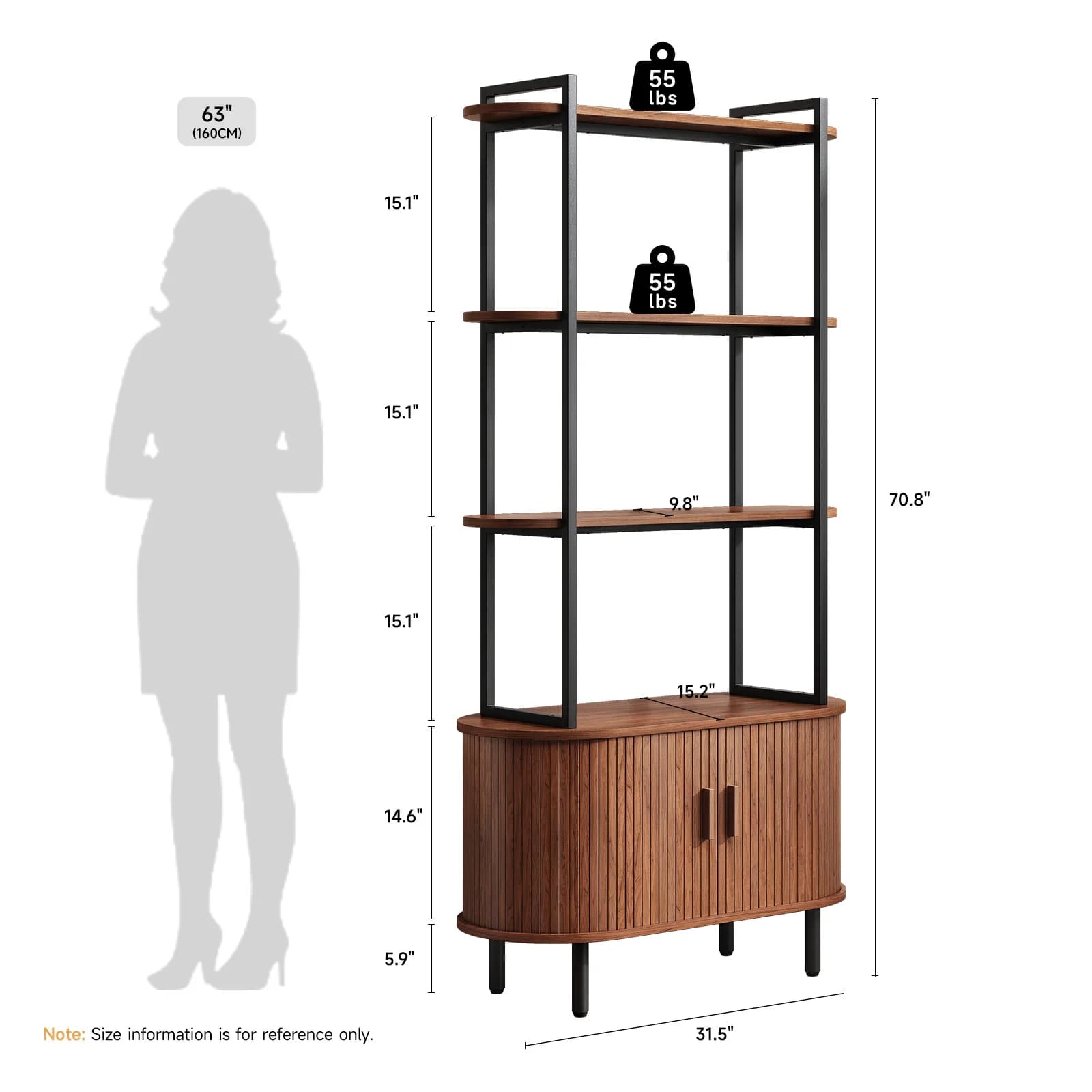 Bibliothèque de 71 pouces de hauteur, étagère à livres à 4 niveaux avec armoire de rangement, biblio