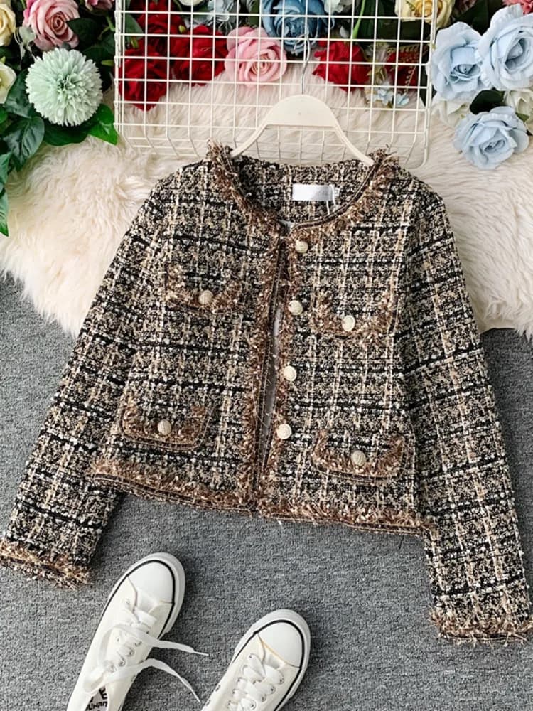 Veste en Tweed Vintage pour femme, nouveau, automne hiver, petit parfum, Patchwork, laine coréenne, 