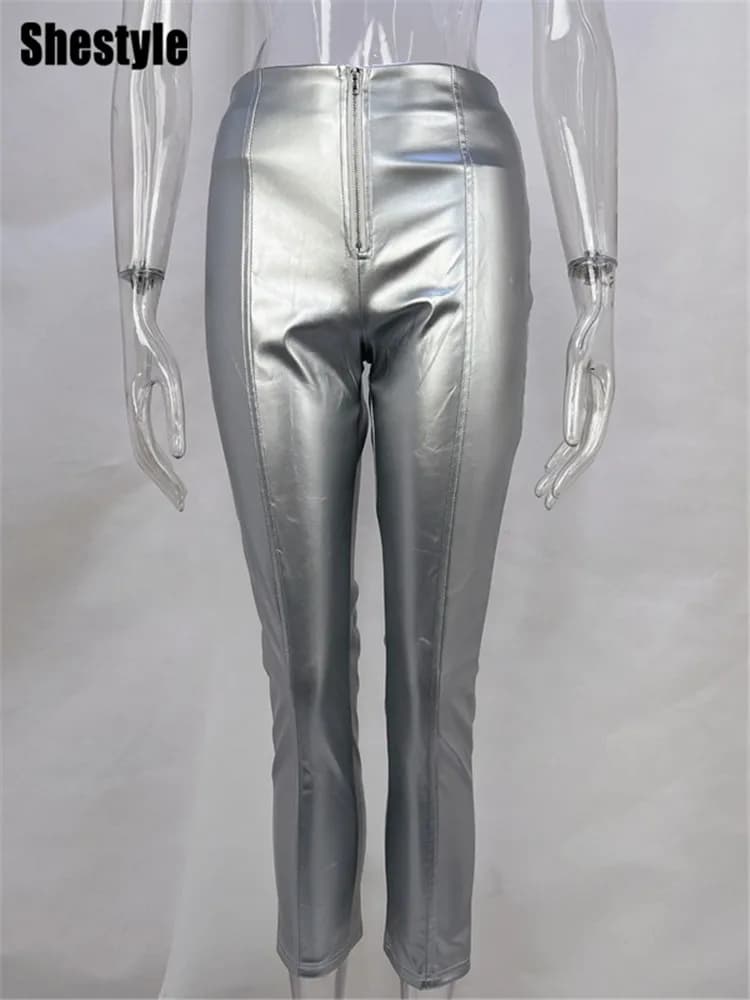 Shestyle PU cuir fermeture éclair mouche crayon pantalon femmes maigre élégance taille haute Sexy at