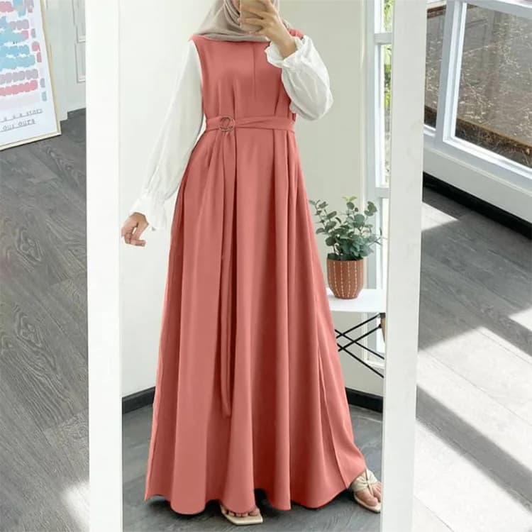 Robe Abaya à manches volantées pour femme musulmane col rond de haute qualité avec ceinture libre vê