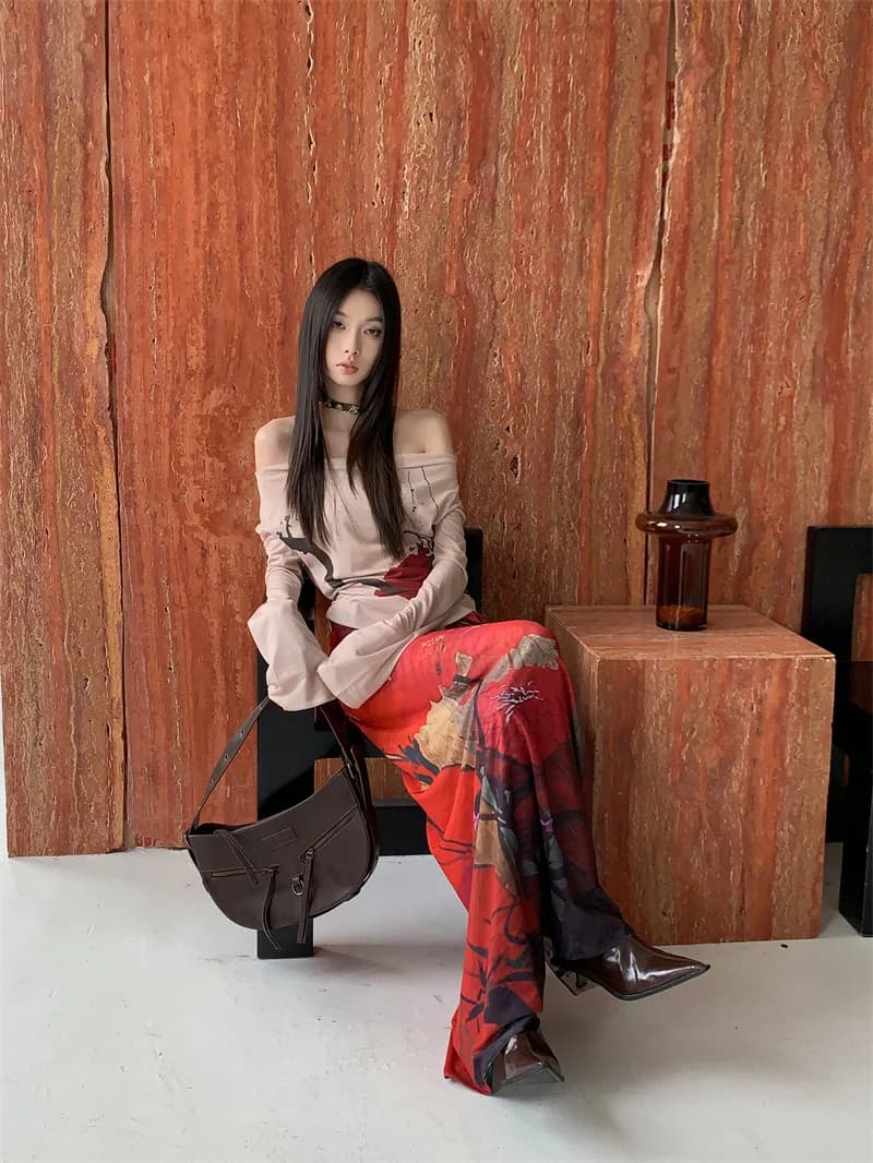 CHEERART Vintage rouge maille jupes longues pour femme à lacets Wrap Maxi jupe mode japonaise luxe c