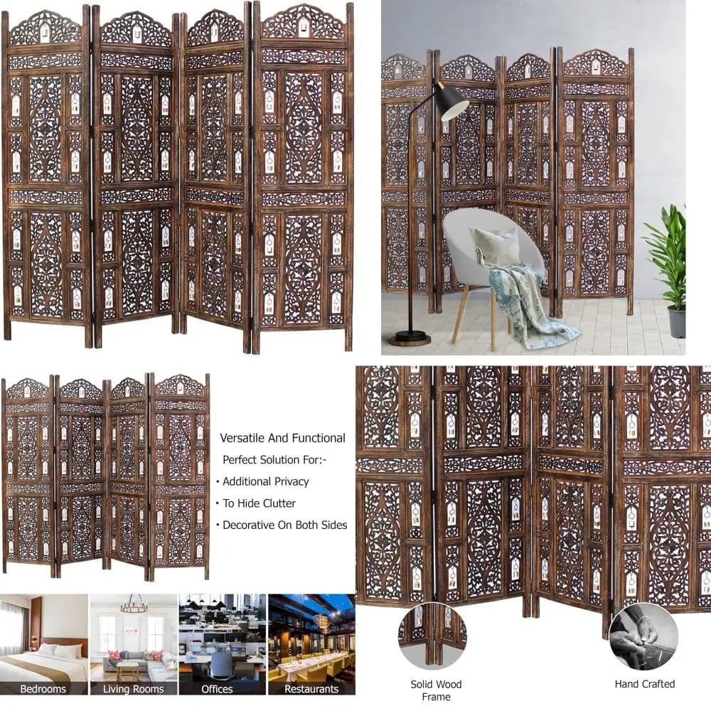 Écran pliant en bois marron antique à 4 panneaux avec cloches Ghanti, 72 x 80 - Séparateur décoratif
