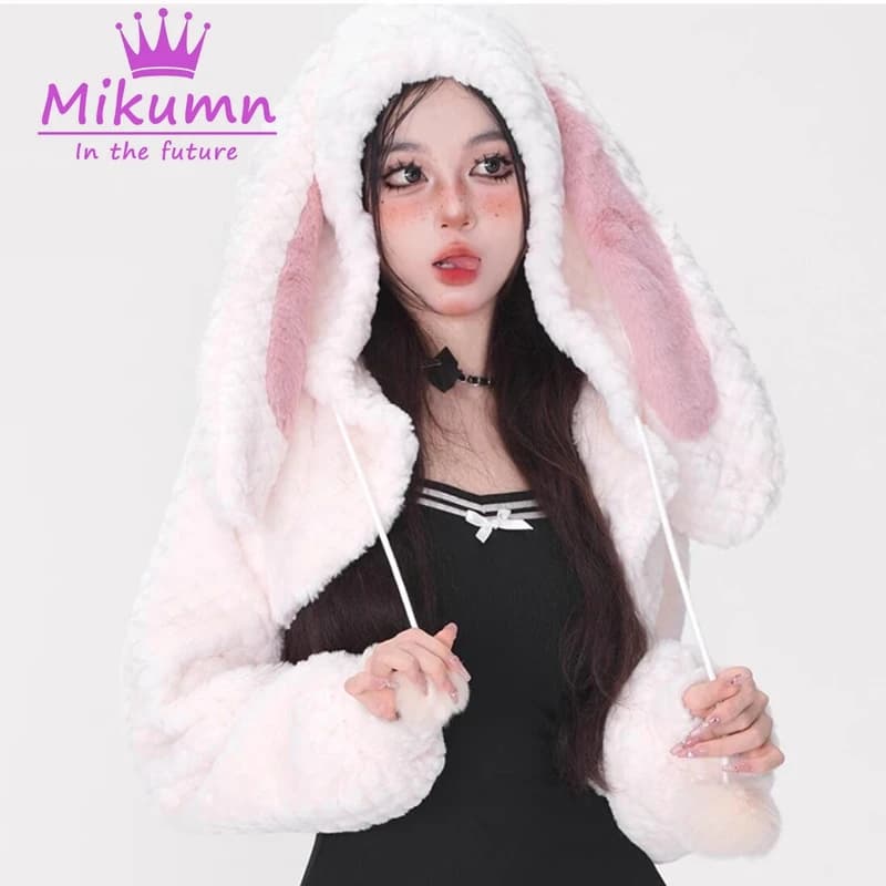 Mikumn japonais Harajuku filles belles oreilles de lapin veste courte Lolita Kawaii à capuche en pel