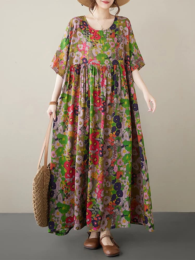 Robe longue vintage en coton à manches courtes et imprimé violet pour femme – Collection été 2026 – 