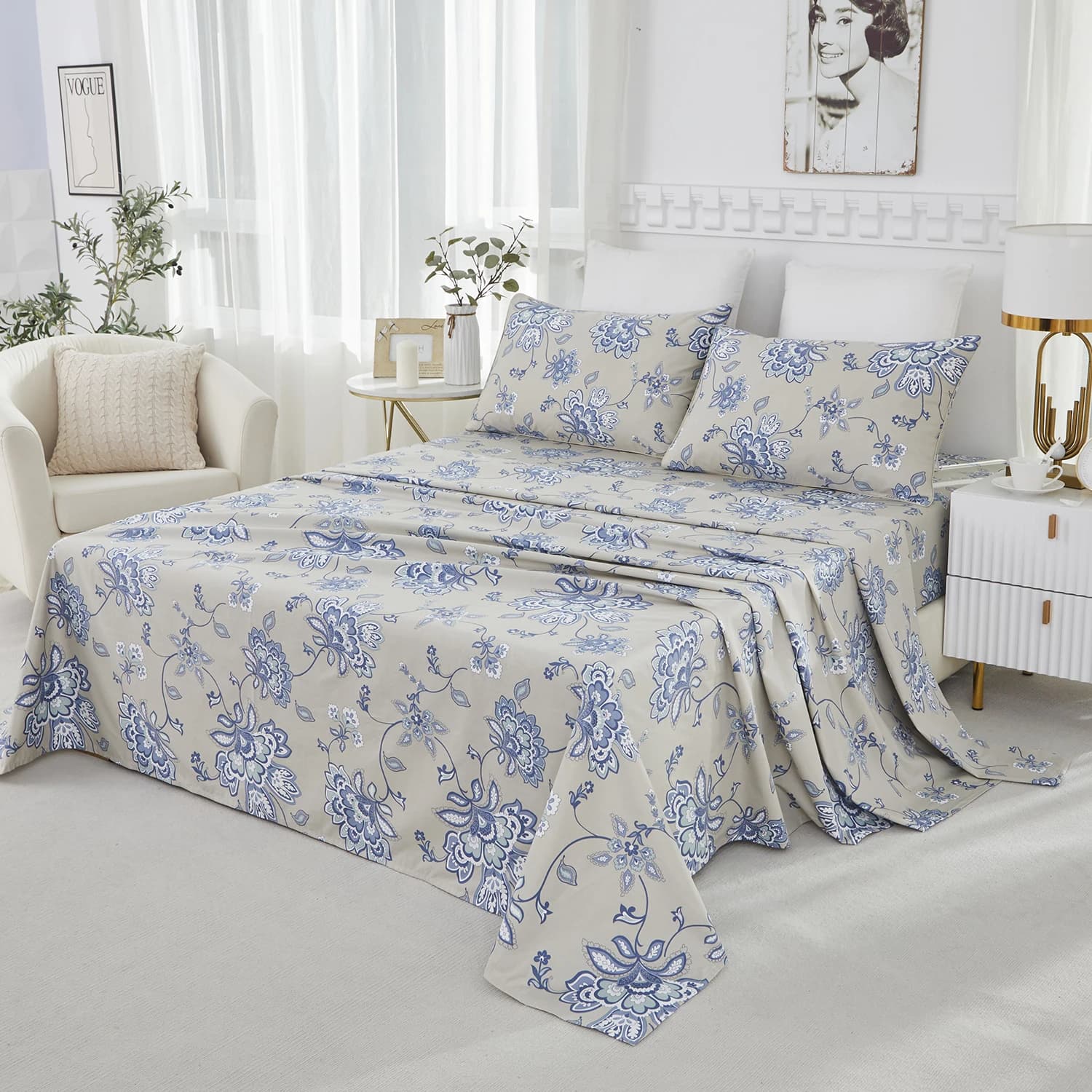 Ensemble de draps en coton égyptien 100% 600TC, 4 pièces, motif Paisley damassé bleu Boho, doux pour