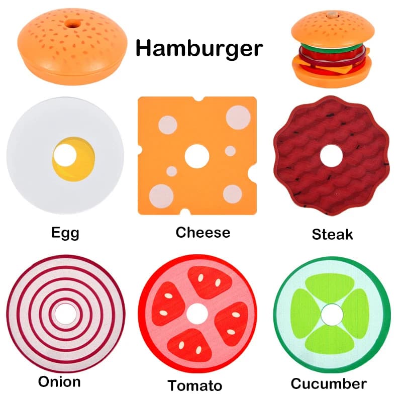 Jouet Montessori pour enfants, Sandwich à Hamburger en bois, frites, tri, jouets empilables, apprent