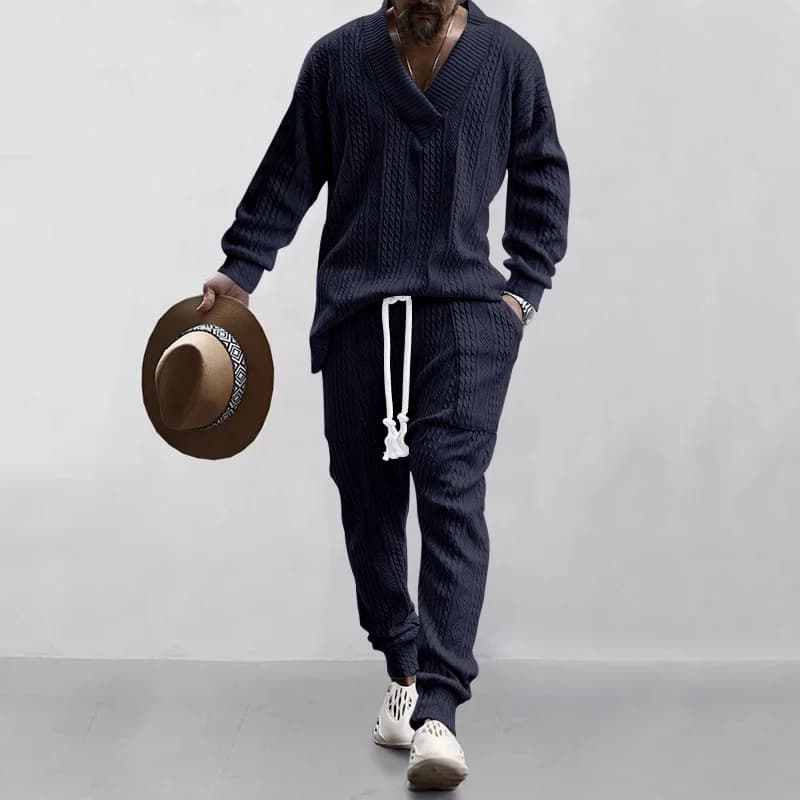Ensemble pull tricoté en Jacquard polyvalent pour hommes, pantalon décontracté, col en v, nouvelle c