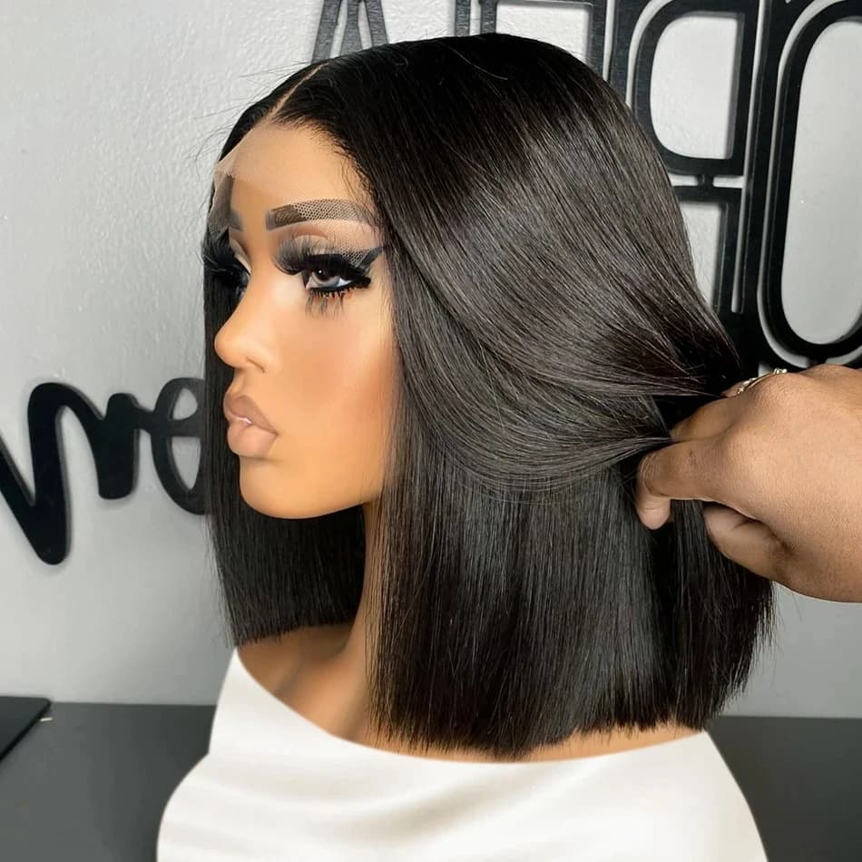 Perruques Lace Frontal 13x4 ultra-lisses, coupe courte bob, pré-épilées, avec dentelle transparente 
