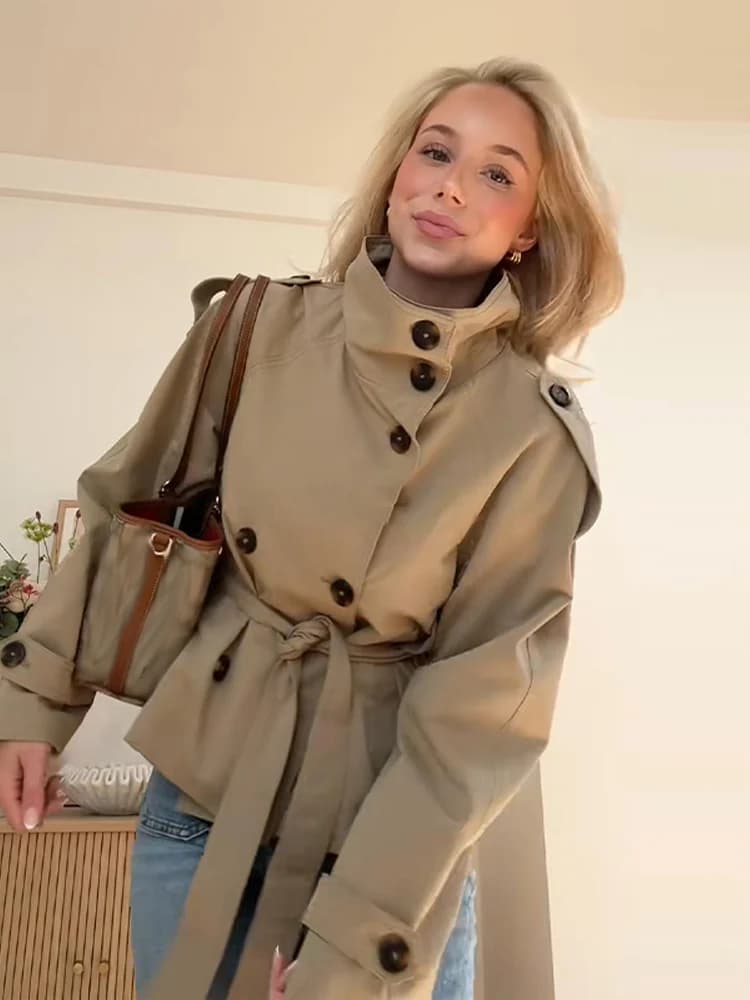 Manteau Trench Élégant pour Femme à Lacets, Manches Longues, Double Boutonnage, Col Montant, Veste K