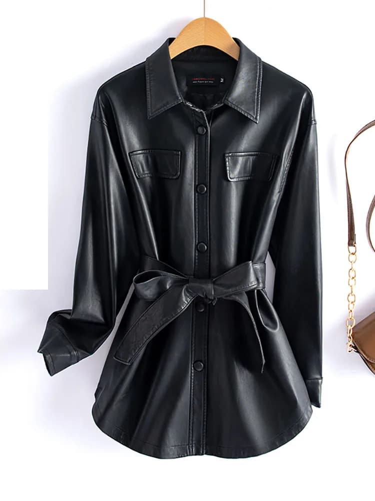 Nouveau femmes chemise Style veste en cuir printemps automne mode décontracté col rabattu à lacets m